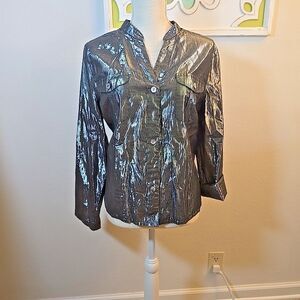 Ruby Rd Size 14 Silver Metallic Blouse Button Up Roll Tab Sleeve Cotton Blend